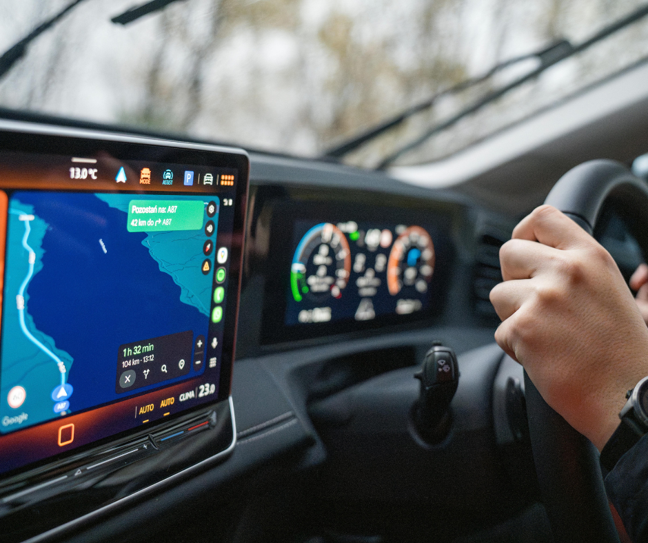 Dashboard Webfleet in un'auto aziendale che mostra i dati sullo stile di guida per programmi di driver coaching volti a ridurre consumi e sinistri.