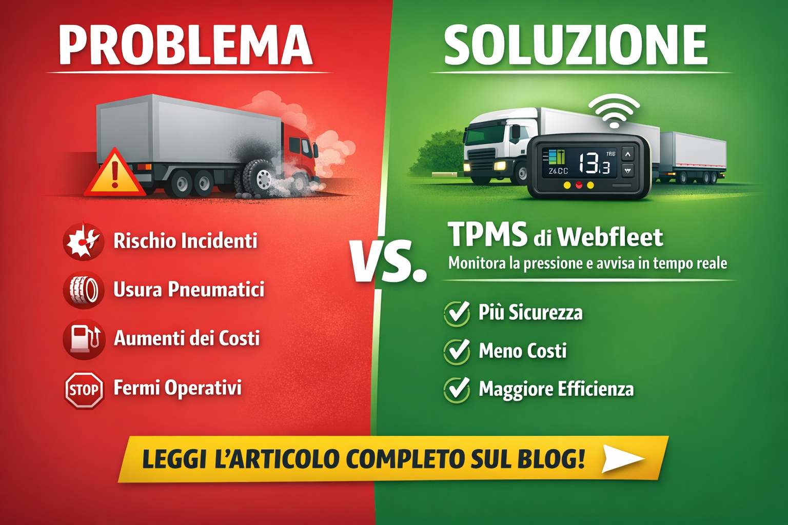 Infografica comparativa tra i rischi di una cattiva pressione pneumatici e la soluzione TPMS Webfleet per flotte.