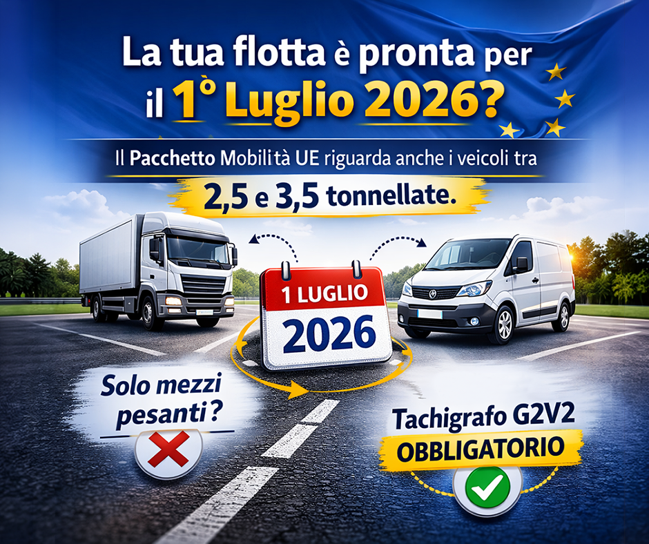 scadenza-1-luglio-2026-tachigrafo-g2v2-veicoli-leggeri Infografica sulla scadenza del 1° luglio 2026 per l'obbligo del tachigrafo G2V2 su veicoli pesanti e furgoni tra 2,5 e 3,5 tonnellate.