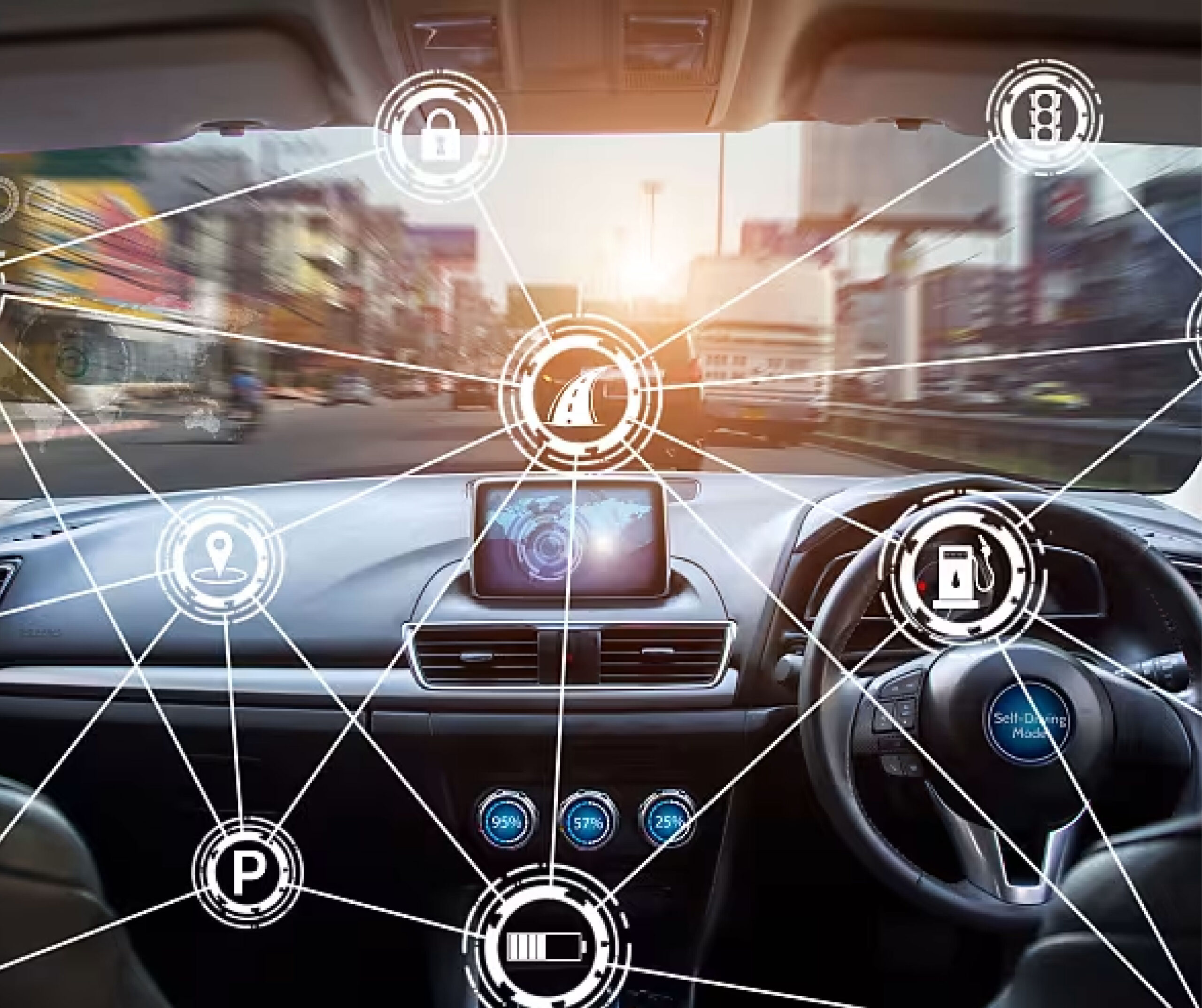Interno di un trattore stradale con overlay grafico che connette i dati del veicolo (carburante, posizione, manutenzione) a una rete telematica intelligente per il Fleet Management.