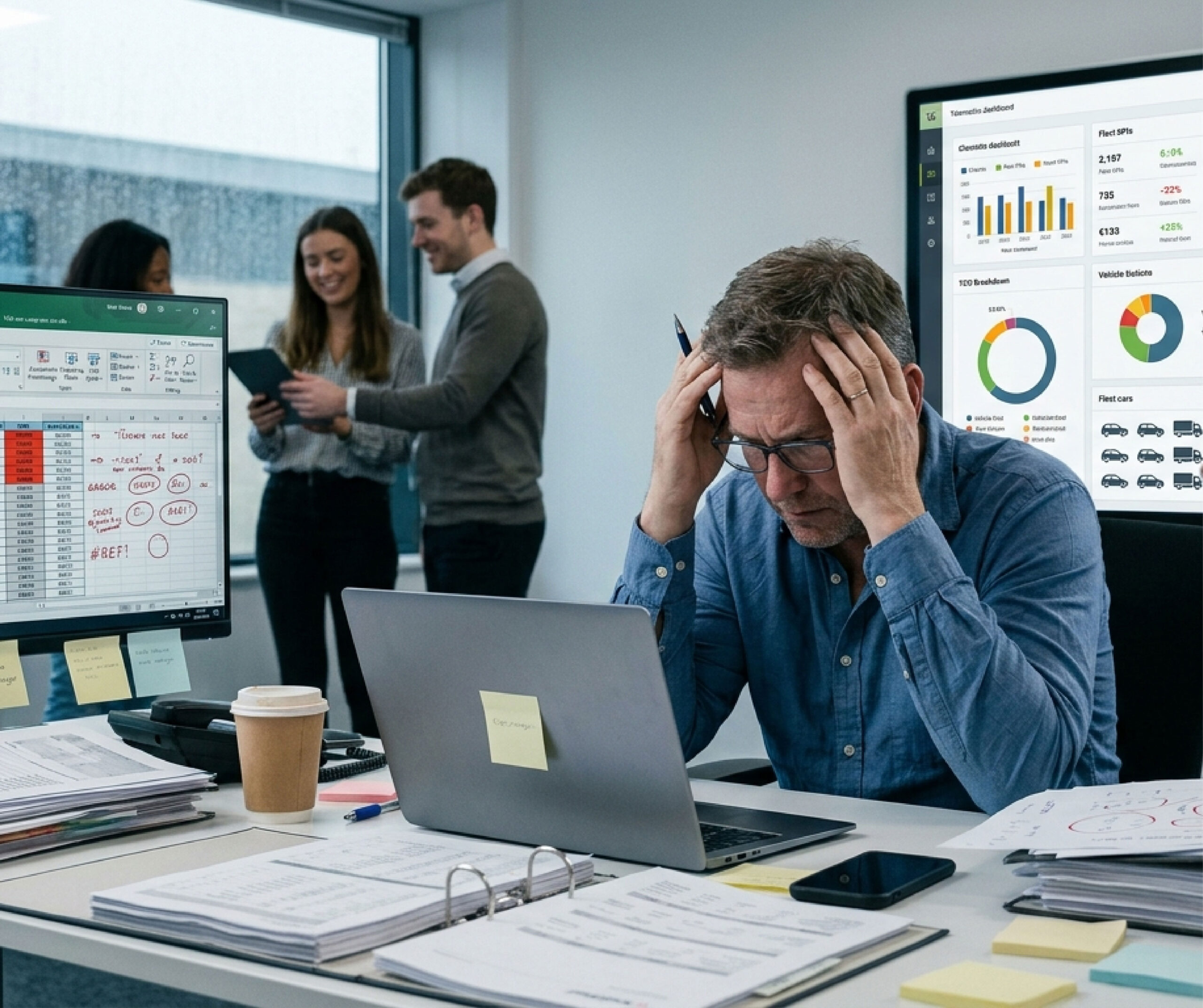 Uomo stressato alla scrivania con laptop e fogli di calcolo Excel disordinati, mentre colleghi sorridenti utilizzano un moderno software di fleet management su un grande schermo in background.