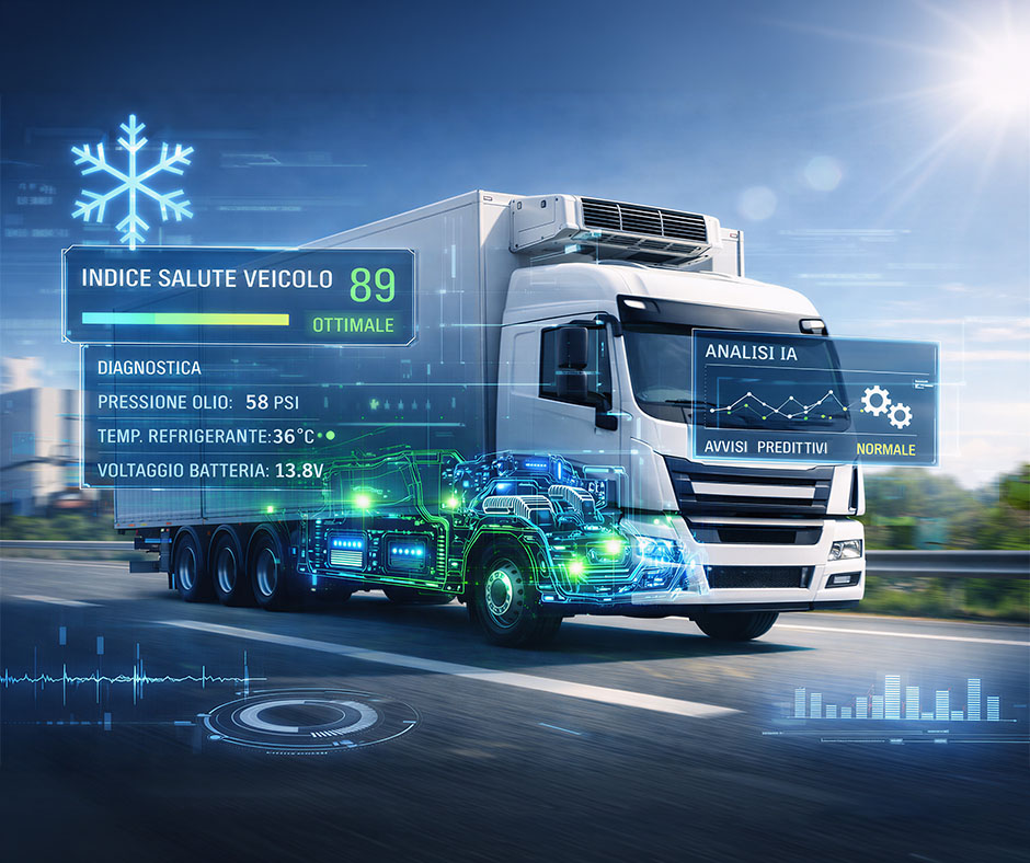 Illustrazione di un camion frigo intelligente in autostrada con un'interfaccia olografica che mostra l'indice di salute del veicolo al 89%, diagnostica dei parametri (pressione olio, temperatura