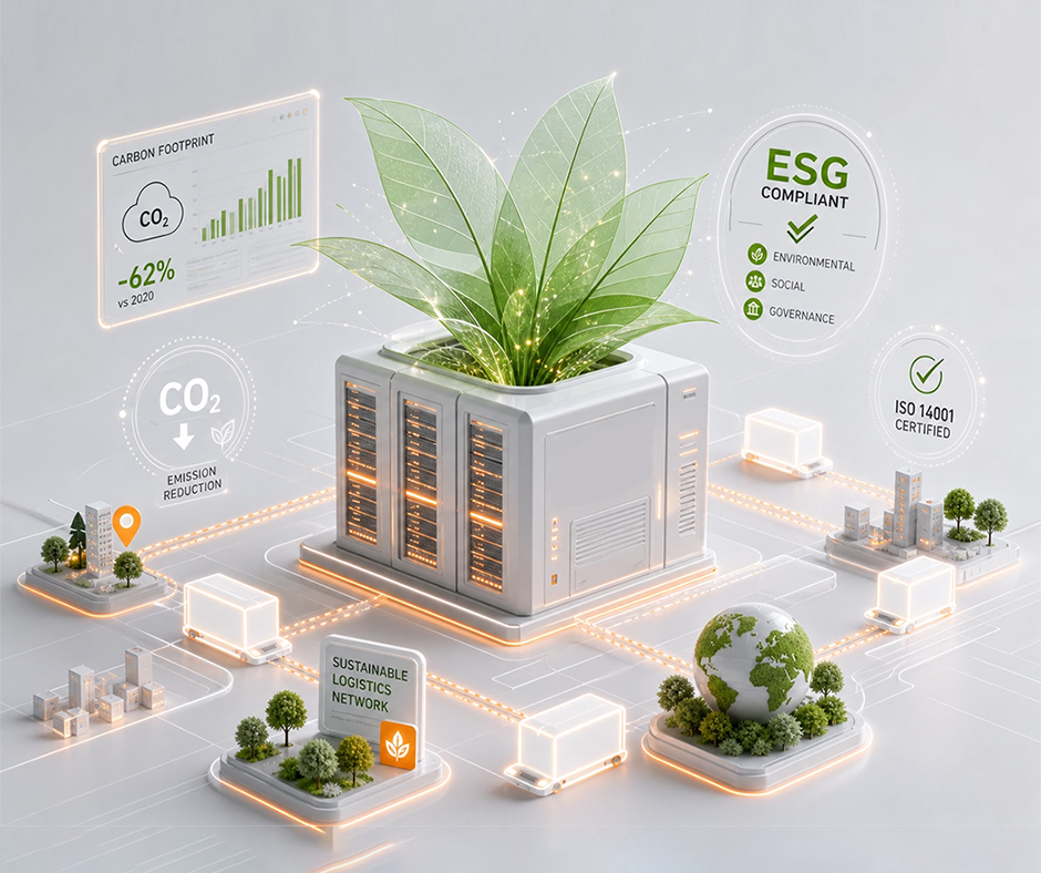 compliance-esg-logistica-sostenibile-dati-co2 Modello concettuale 3D di un server di logistica green con foglie verdi che crescono all'interno, circondato da camion elettrici in miniatura, icone di certificazione ESG e grafici di riduzione delle emissioni CO2.