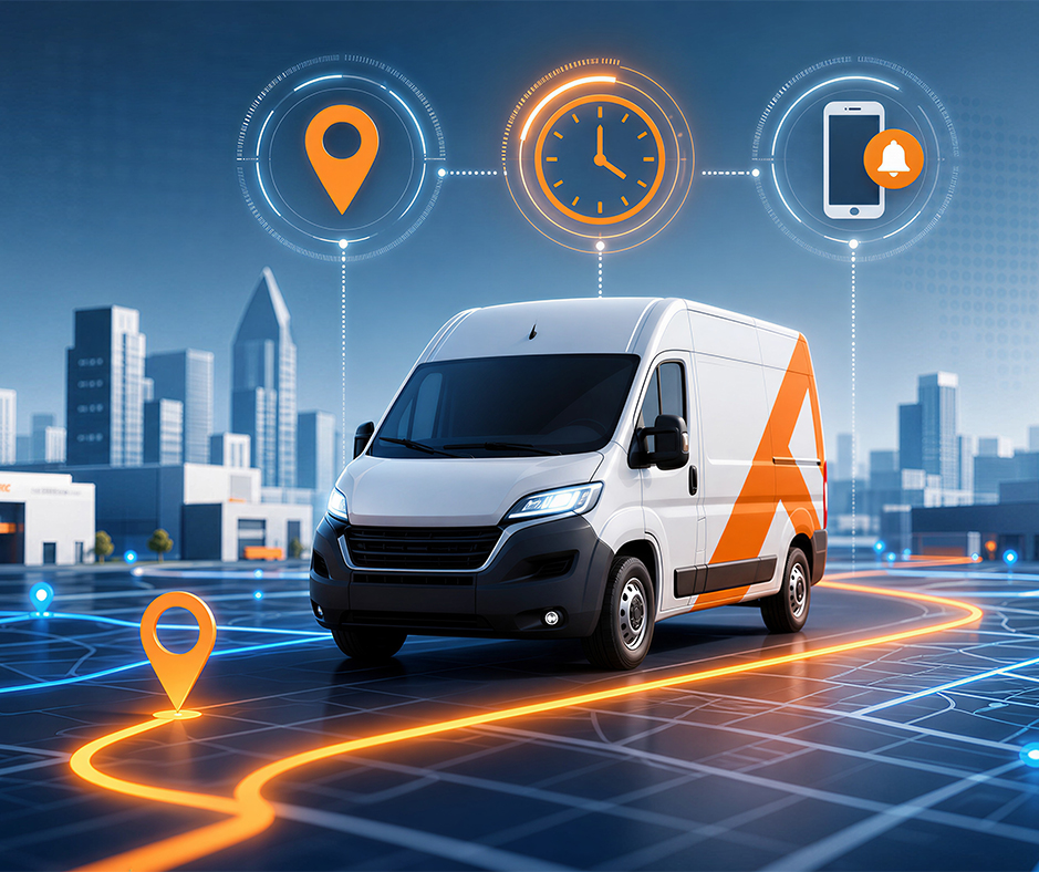 ottimizzazione-percorsi-logistica-predittiva-ultimo-miglio Furgone aziendale per consegne ultimo miglio su una mappa digitale urbana con icone di tracciamento GPS, ottimizzazione percorsi e notifiche ETA dinamiche.