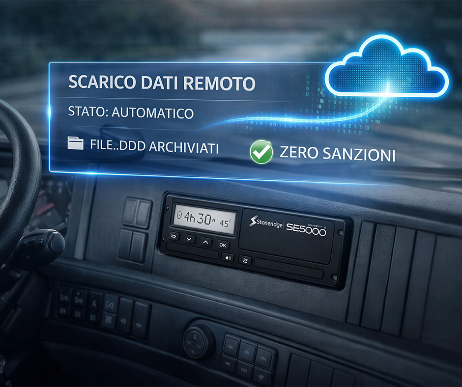 tachigrafo-digitale-stoneridge-se5000-scarico-dati-remoto-flotta Illustrazione di un tachigrafo digitale Stoneridge SE5000 Smart montato sul cruscotto di un camion con un'interfaccia olografica che mostra la gestione dello scarico dati remoto in automatico. Il testo olografico indica 'SCARICO DATI REMOTO,' 'STATO: AUTOMATICO,' 'FILE..DDD ARCHIVIATI,' e ha un'icona di spunta verde con la scritta 'ZERO SANZIONI' e un'icona cloud luminosa.
