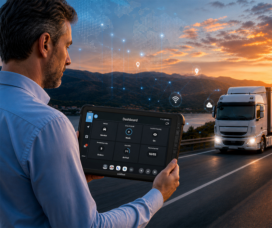 Fleet manager in primo piano di profilo mentre consulta la dashboard di monitoraggio su un tablet, con un camion in movimento su strada e una mappa digitale globale sullo sfondo.