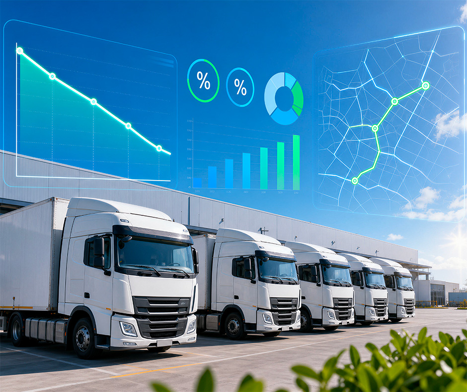 controllo-tco-margine-trasporto-logistica Flotta di camion bianchi in un polo logistico con sovrapposizione digitale di grafici finanziari per il monitoraggio del TCO e mappa per l'ottimizzazione dei carichi.