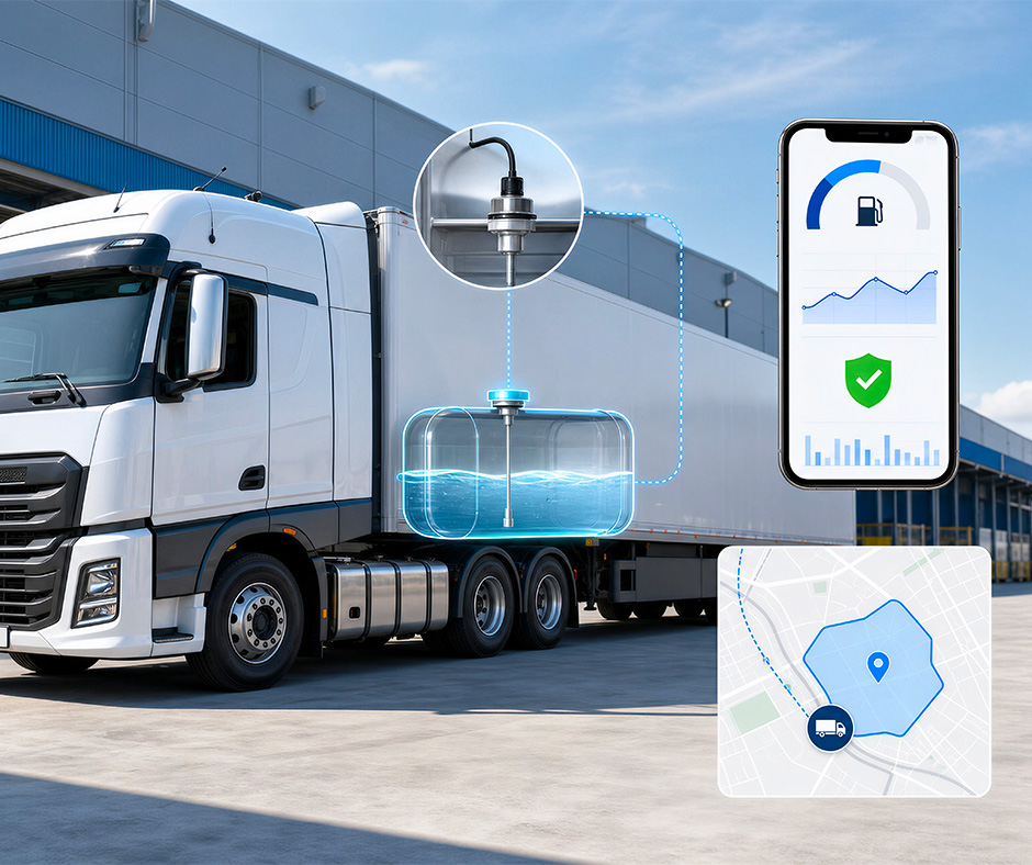 sicurezza-flotta-monitoraggio-carburante-telematica_ok Camion con sistema di monitoraggio telematico del carburante, sensore capacitivo nel serbatoio, app di controllo flotta e mappa geofencing per prevenzione furti.