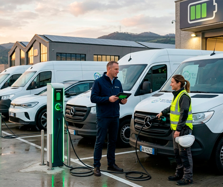 fleet manager e autista che pianificano il percorso del veicolo elettrico