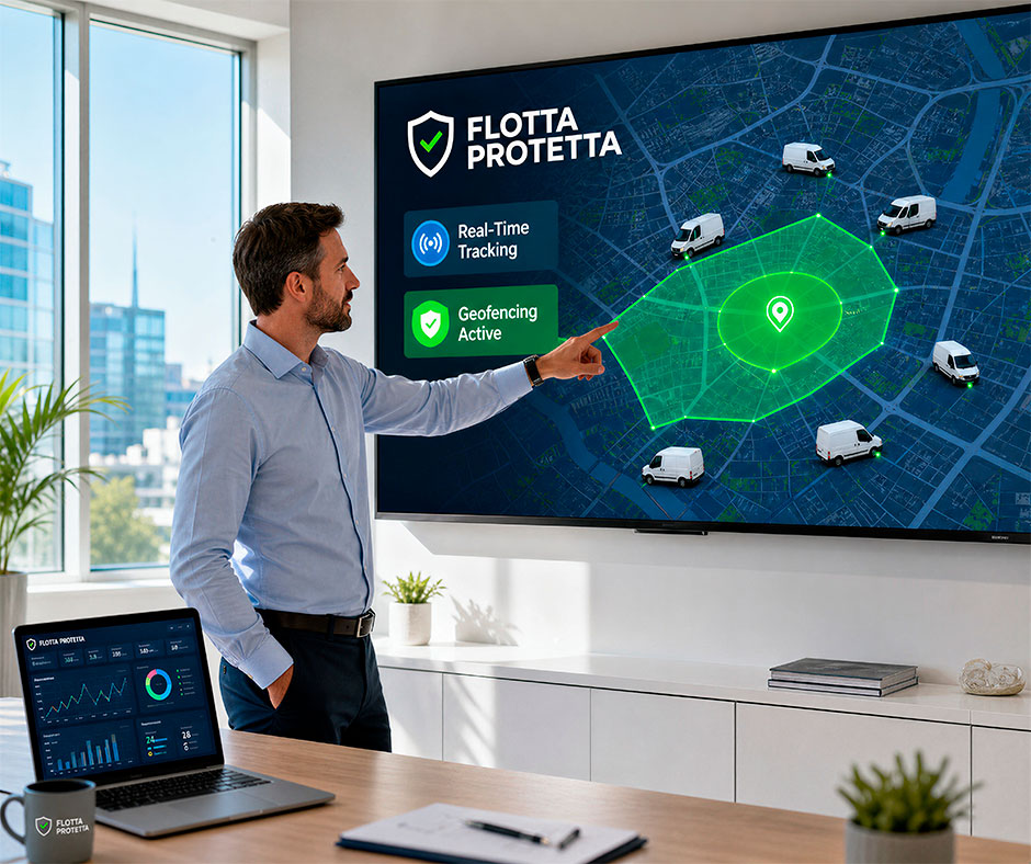 flotta-protetta-geofencing-controllo-veicoli-aziendali Schermata del software Flotta Protetta che mostra il geofencing attivo e il tracciamento in tempo reale dei furgoni aziendali su mappa, monitorati da un fleet manager.