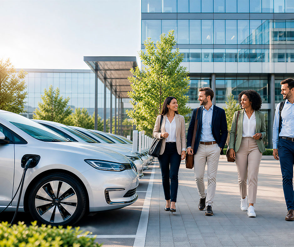 Gruppo di colleghi di lavoro che camminano verso i veicoli elettrici in carica nel parcheggio aziendale per il car pooling.