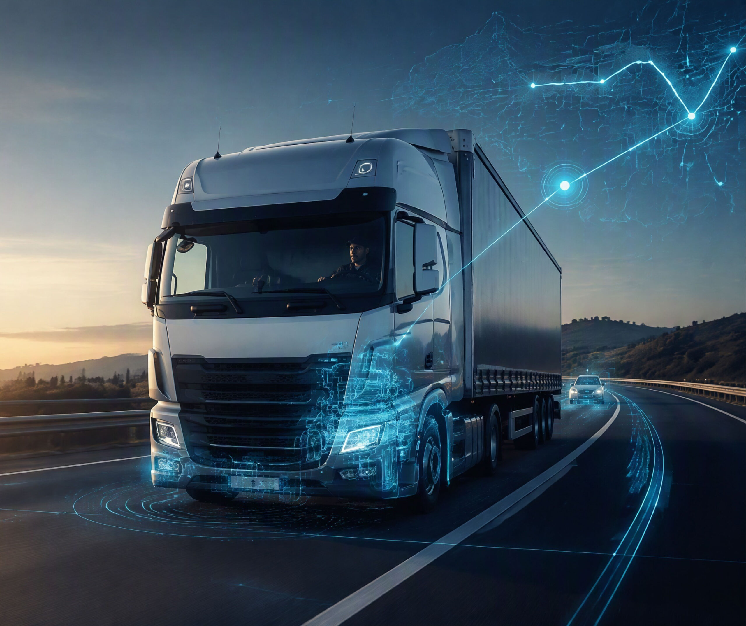 Trattore stradale moderno in autostrada con grafiche digitali di intelligenza artificiale, telematica e analisi predittiva delle rotte per la gestione delle flotte