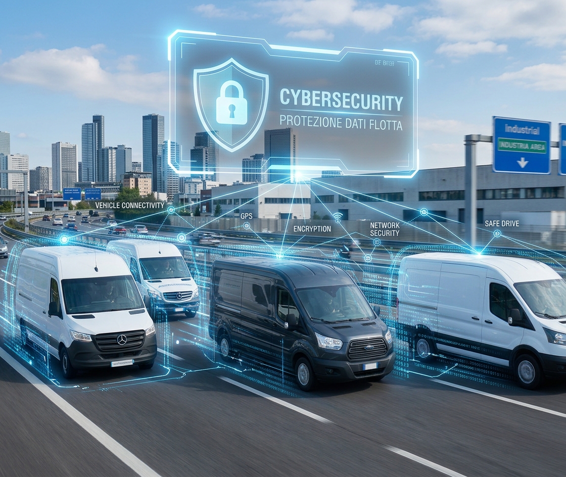 Flotta di furgoni aziendali connessi con grafiche digitali di cybersecurity, scudo protettivo e lucchetto sui dati di tracciamento.