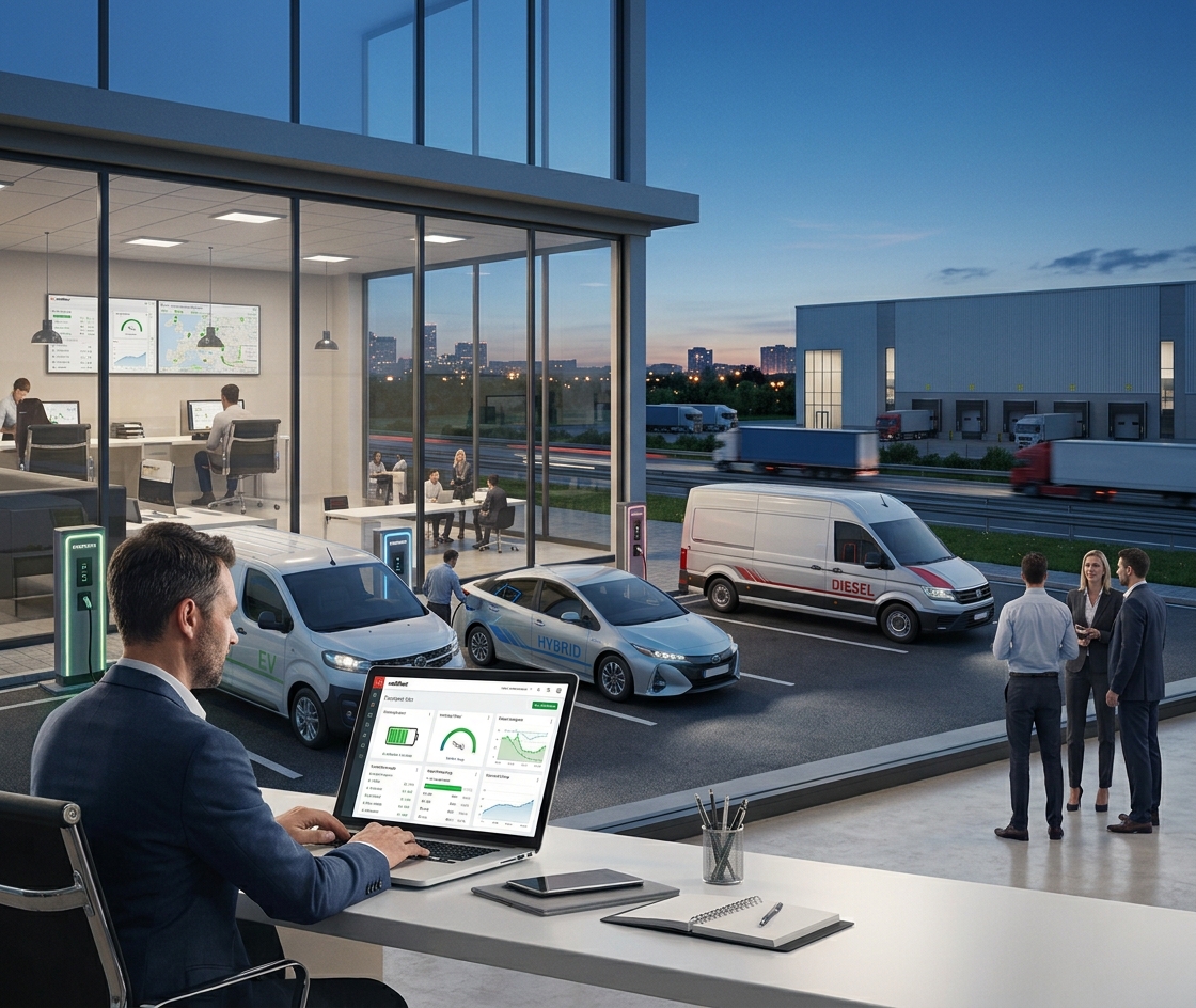 Fleet manager in ufficio analizza software Webfleet su laptop mentre all'esterno si vedono veicoli aziendali (EV, Hybrid, Diesel) e un magazzino Webfleet solutions.